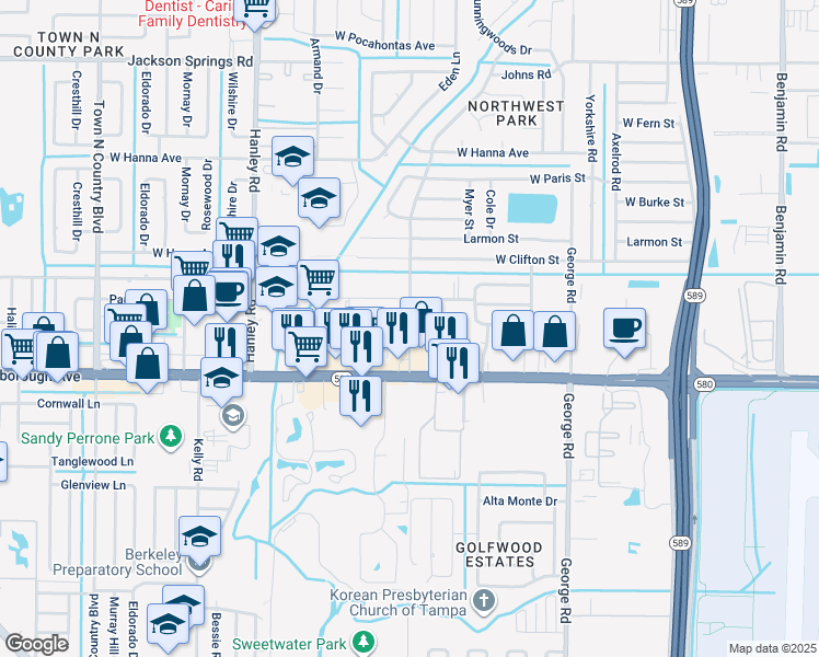 map of restaurants, bars, coffee shops, grocery stores, and more near 5412 Sawyer Road in Tampa