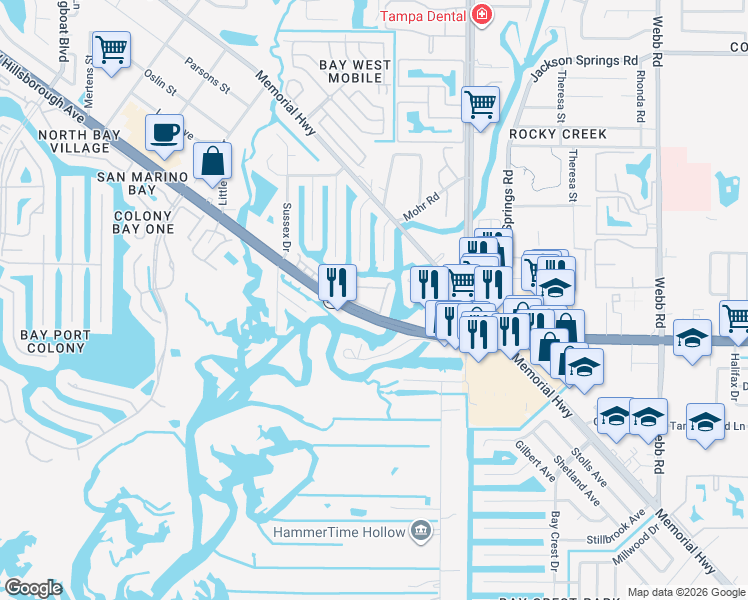 map of restaurants, bars, coffee shops, grocery stores, and more near 9001 Tudor Drive in Tampa