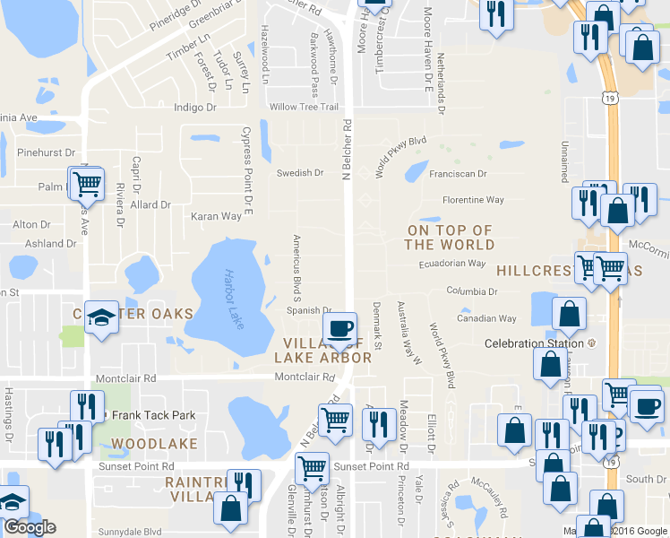 map of restaurants, bars, coffee shops, grocery stores, and more near 2284 Spanish Drive in Clearwater