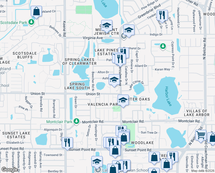 map of restaurants, bars, coffee shops, grocery stores, and more near 1960 Union Street in Clearwater
