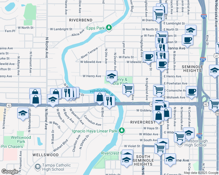map of restaurants, bars, coffee shops, grocery stores, and more near 340 West Rio Vista Court in Tampa
