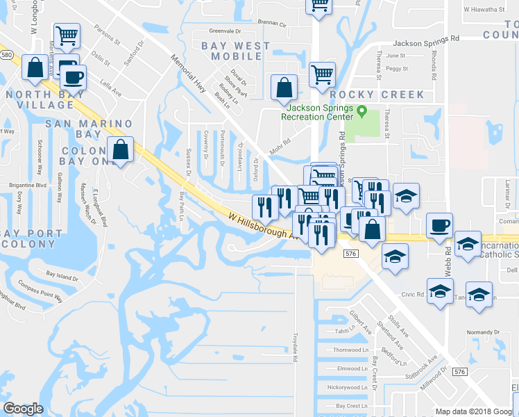 map of restaurants, bars, coffee shops, grocery stores, and more near 9101 Tudor Drive in Tampa