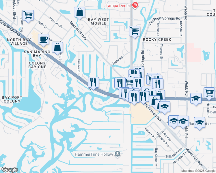 map of restaurants, bars, coffee shops, grocery stores, and more near 9101 Tudor Drive in Tampa