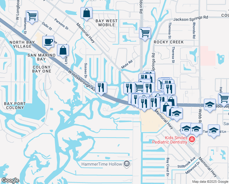 map of restaurants, bars, coffee shops, grocery stores, and more near 9101 Tudor Drive in Tampa