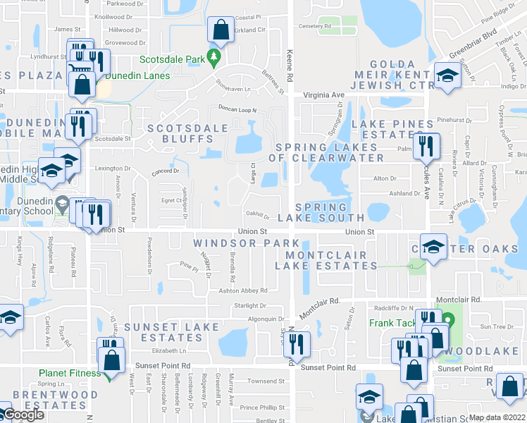 map of restaurants, bars, coffee shops, grocery stores, and more near 95 Promenade Drive in Dunedin
