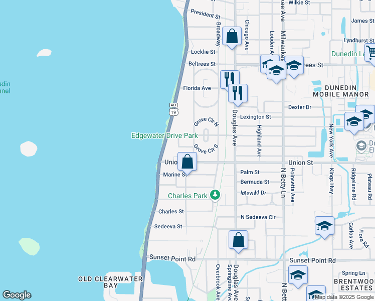 map of restaurants, bars, coffee shops, grocery stores, and more near 55 Valencia Drive in Dunedin