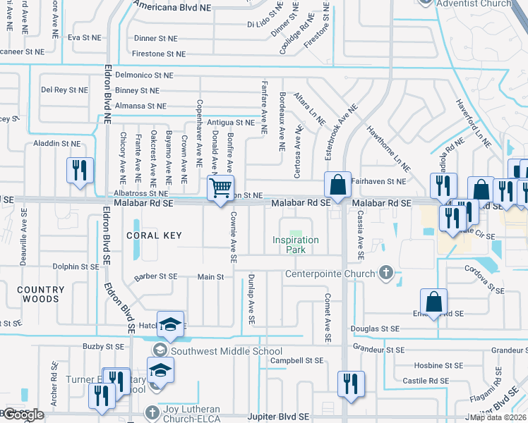 map of restaurants, bars, coffee shops, grocery stores, and more near 116 Lehigh Avenue Southeast in Palm Bay