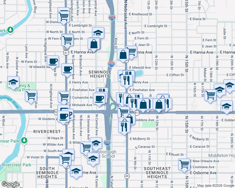 map of restaurants, bars, coffee shops, grocery stores, and more near 5606 North Miami Avenue in Tampa