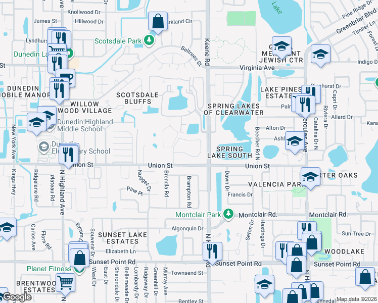 map of restaurants, bars, coffee shops, grocery stores, and more near 1420 Oakhill Drive in Dunedin
