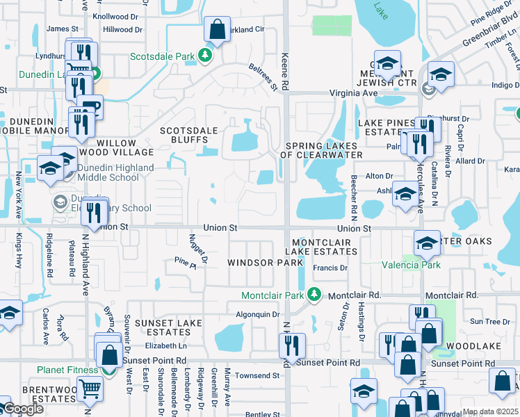 map of restaurants, bars, coffee shops, grocery stores, and more near 1420 Oakhill Drive in Dunedin