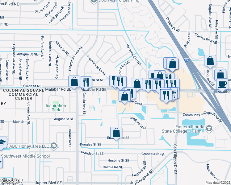 map of restaurants, bars, coffee shops, grocery stores, and more near 1020 Malabar Road Southeast in Palm Bay
