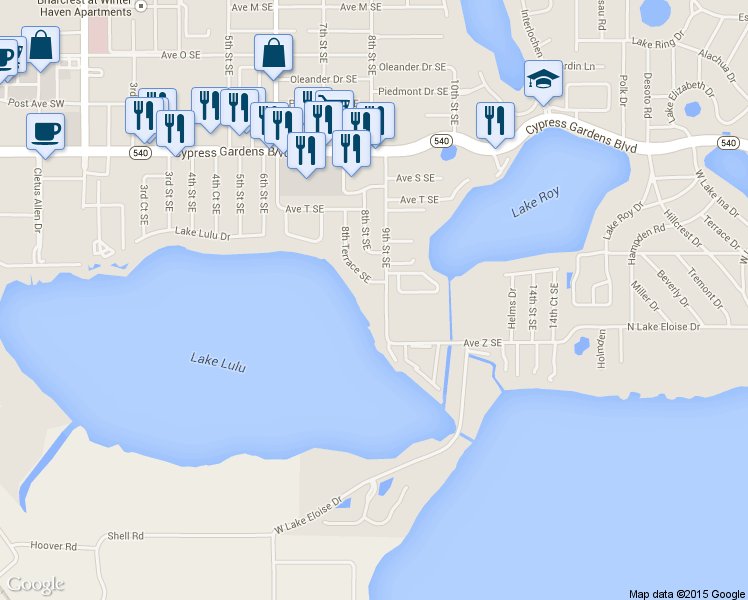 map of restaurants, bars, coffee shops, grocery stores, and more near 2101 9th Street Southeast in Winter Haven