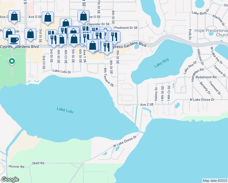 map of restaurants, bars, coffee shops, grocery stores, and more near 2101 9th Street Southeast in Winter Haven
