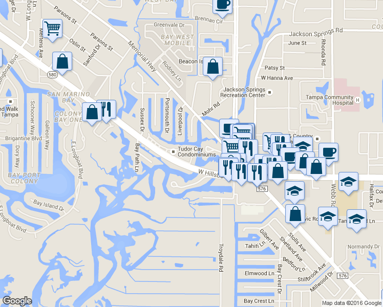 map of restaurants, bars, coffee shops, grocery stores, and more near 9101 Tudor Drive in Tampa