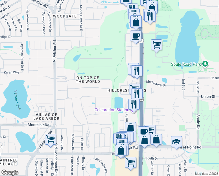 map of restaurants, bars, coffee shops, grocery stores, and more near 2467 Finlandia Lane in Clearwater