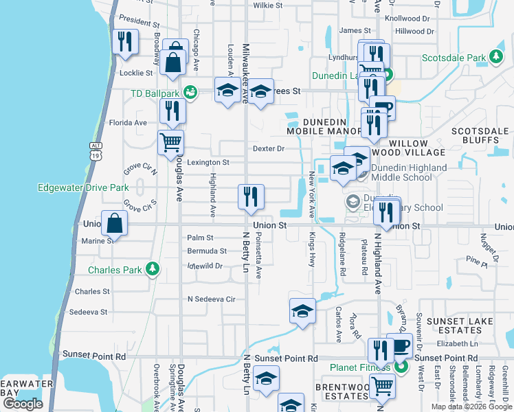 map of restaurants, bars, coffee shops, grocery stores, and more near 604 Richmond Street in Dunedin
