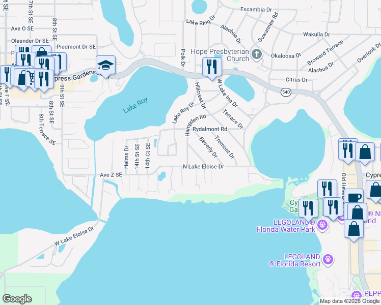 map of restaurants, bars, coffee shops, grocery stores, and more near 65 Hampden Road in Winter Haven