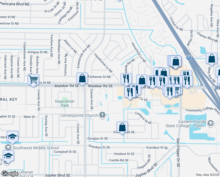 map of restaurants, bars, coffee shops, grocery stores, and more near 973 Crocus Street Northeast in Palm Bay