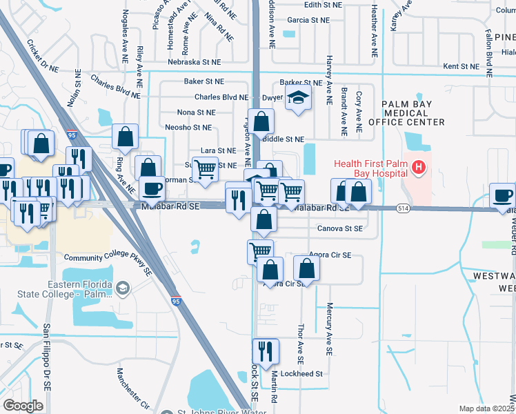 map of restaurants, bars, coffee shops, grocery stores, and more near Babcock St NE & Malabar Rd SE in Palm Bay