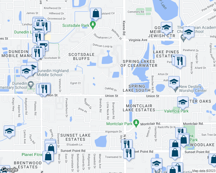 map of restaurants, bars, coffee shops, grocery stores, and more near 95 Promenade Drive in Dunedin