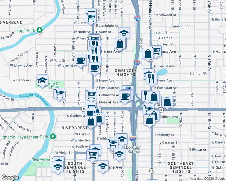 map of restaurants, bars, coffee shops, grocery stores, and more near 5608 North Seminole Avenue in Tampa