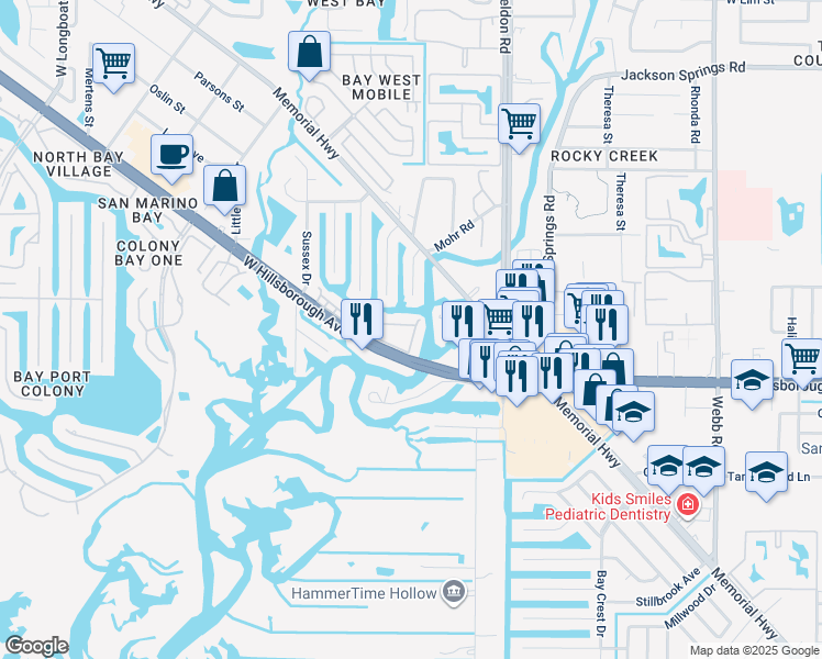 map of restaurants, bars, coffee shops, grocery stores, and more near 9001 Tudor Drive in Tampa