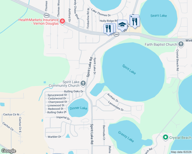 map of restaurants, bars, coffee shops, grocery stores, and more near 3030 Spirit Lake Drive in Winter Haven