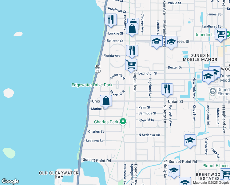 map of restaurants, bars, coffee shops, grocery stores, and more near 216 Grove Circle South in Dunedin