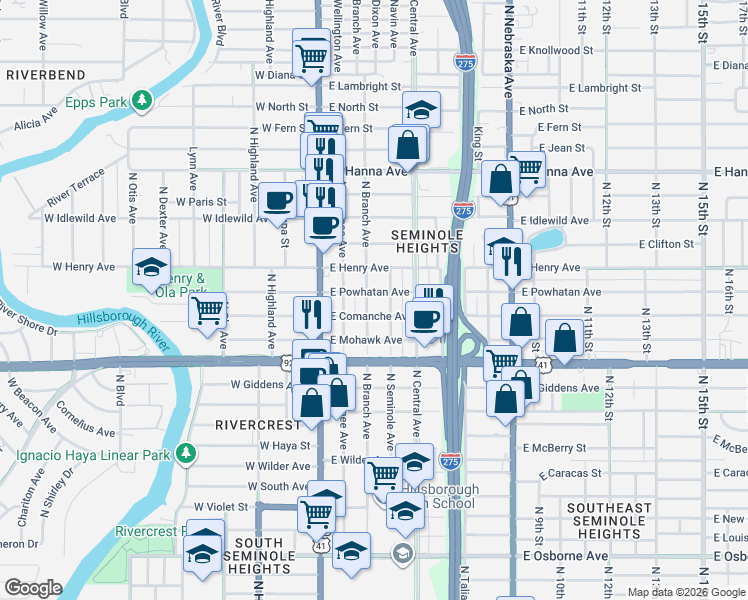 map of restaurants, bars, coffee shops, grocery stores, and more near 5702 North Seminole Avenue in Tampa
