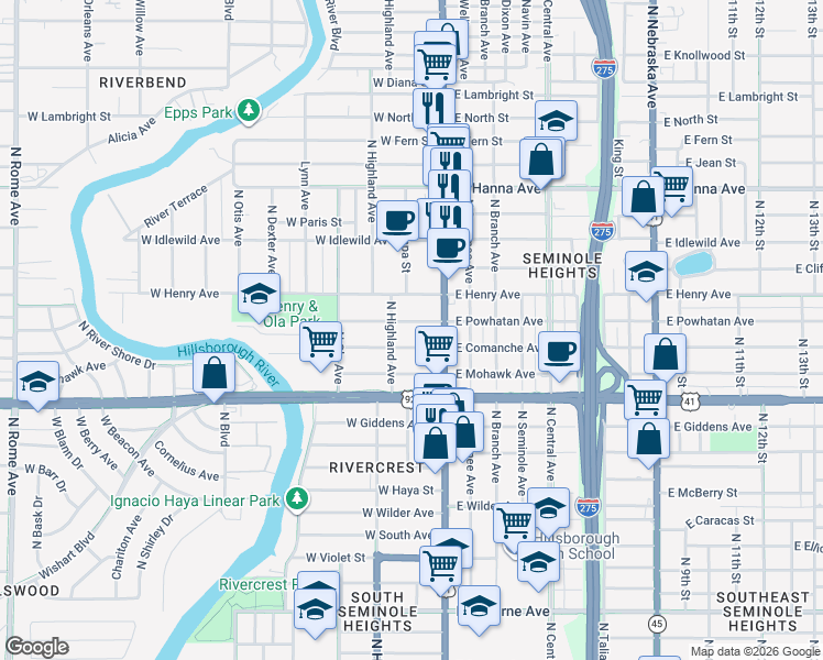 map of restaurants, bars, coffee shops, grocery stores, and more near 115 West Powhatan Avenue in Tampa