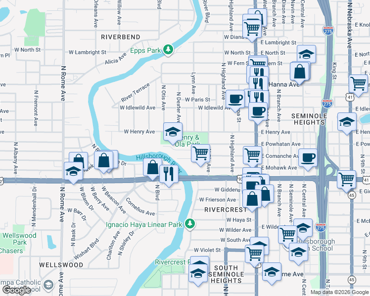 map of restaurants, bars, coffee shops, grocery stores, and more near 502 West Henry Avenue in Tampa