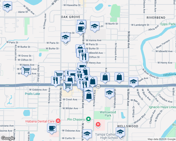 map of restaurants, bars, coffee shops, grocery stores, and more near 2312 West Powhatan Avenue in Tampa