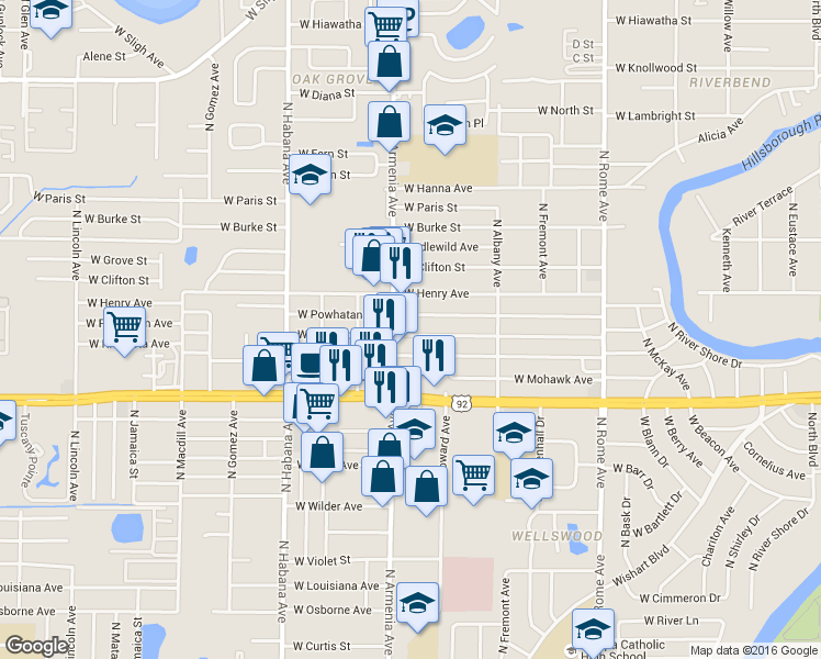 map of restaurants, bars, coffee shops, grocery stores, and more near 2312 West Powhatan Avenue in Tampa