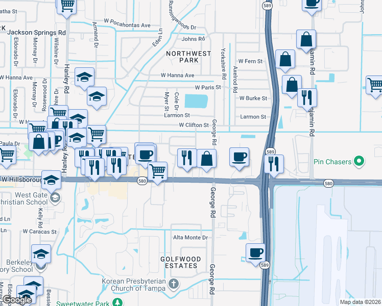 map of restaurants, bars, coffee shops, grocery stores, and more near 6505 West Comanche Avenue in Tampa