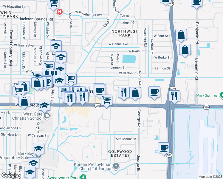 map of restaurants, bars, coffee shops, grocery stores, and more near 6520 West Comanche Avenue in Tampa