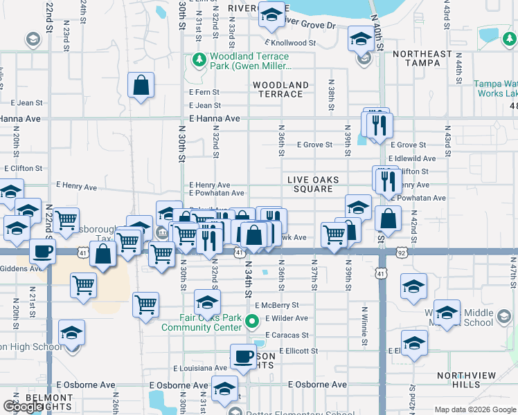 map of restaurants, bars, coffee shops, grocery stores, and more near 3403 East Powhatan Avenue in Tampa