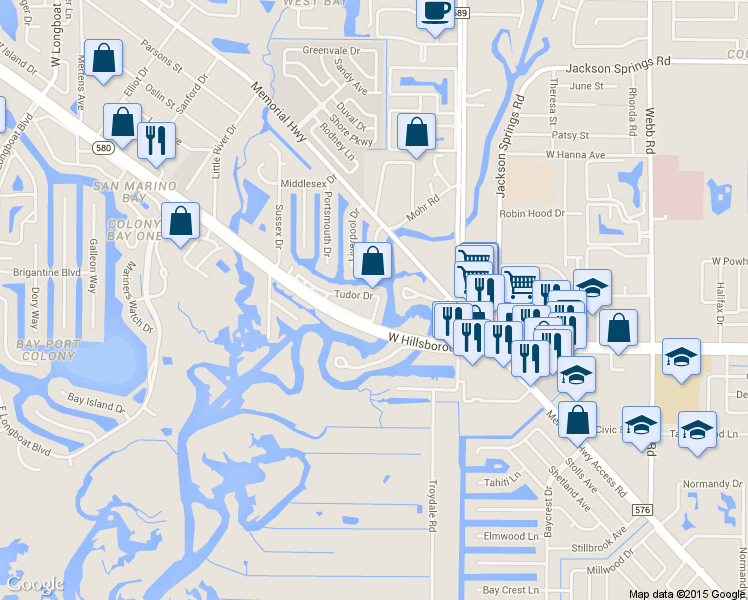 map of restaurants, bars, coffee shops, grocery stores, and more near 9101 Tudor Drive in Tampa