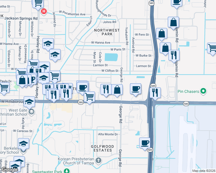 map of restaurants, bars, coffee shops, grocery stores, and more near 5516 Golden Drive in Tampa