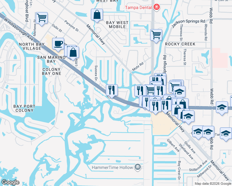 map of restaurants, bars, coffee shops, grocery stores, and more near 9130 Tudor Drive in Tampa