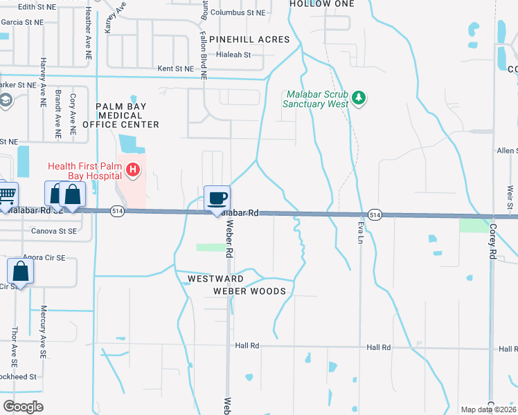 map of restaurants, bars, coffee shops, grocery stores, and more near 880 Malabar Road in Malabar