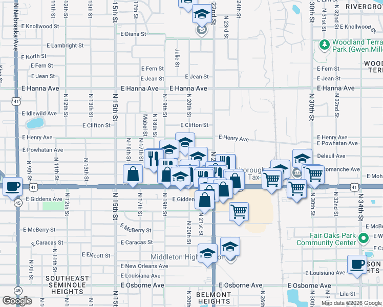 map of restaurants, bars, coffee shops, grocery stores, and more near 2001 East Powhatan Avenue in Tampa