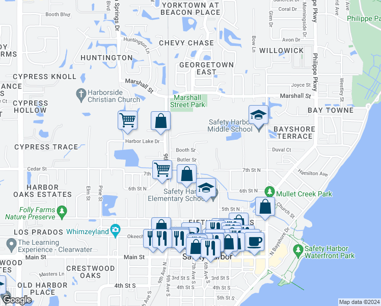 map of restaurants, bars, coffee shops, grocery stores, and more near 706 Booth Street in Safety Harbor