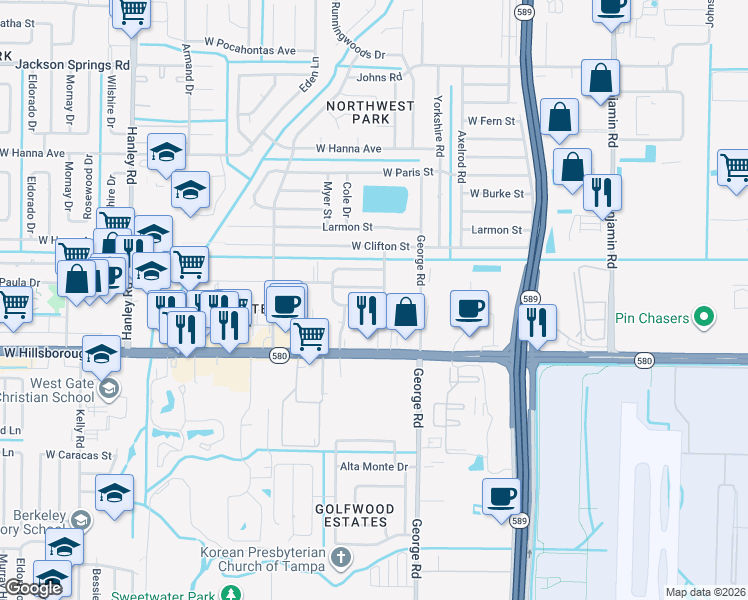 map of restaurants, bars, coffee shops, grocery stores, and more near 6505 West Comanche Avenue in Tampa