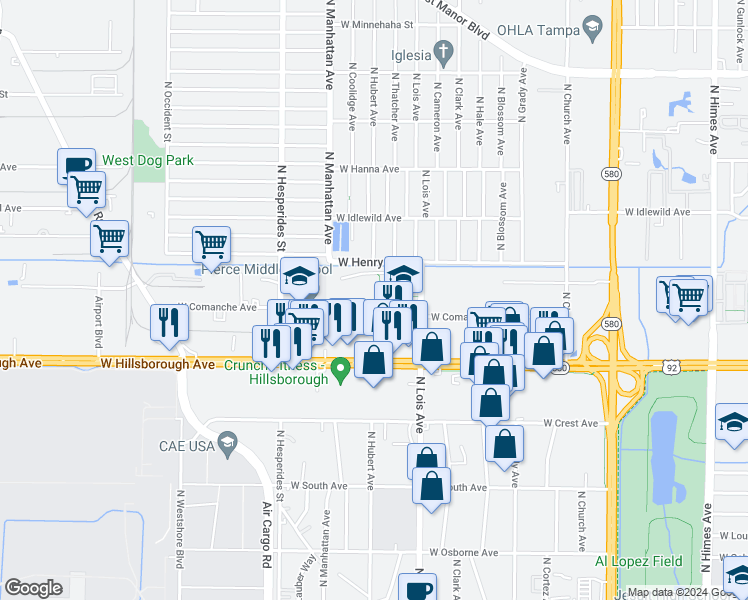 map of restaurants, bars, coffee shops, grocery stores, and more near 5602 N Lois Ave in Tampa