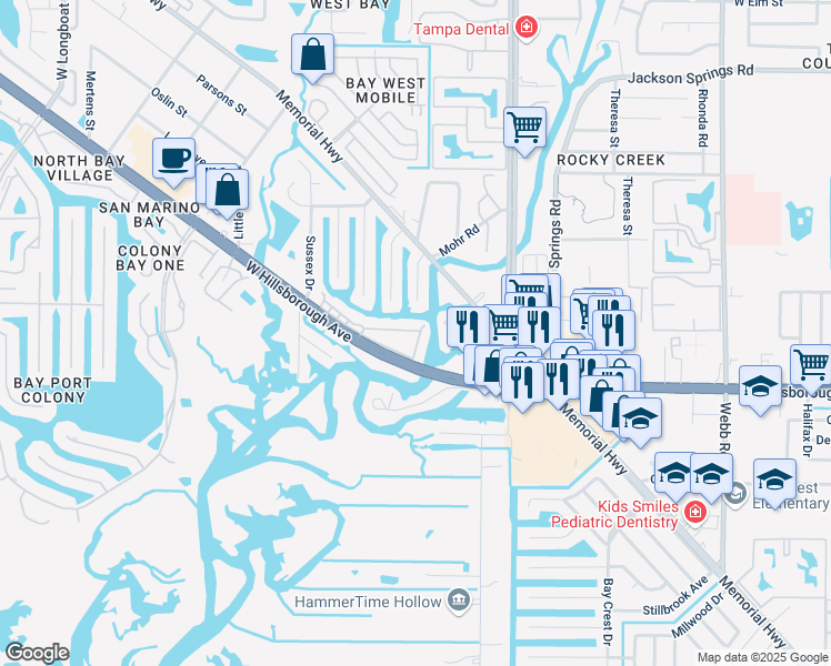 map of restaurants, bars, coffee shops, grocery stores, and more near 9101 Tudor Drive in Tampa