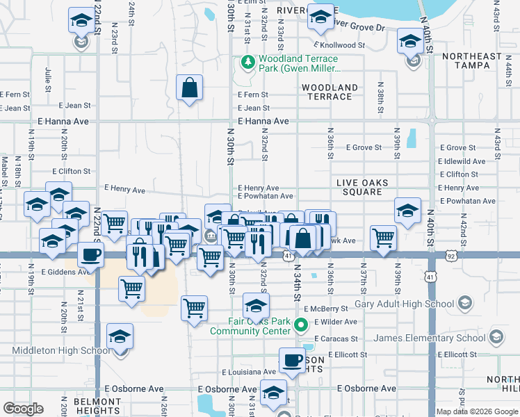 map of restaurants, bars, coffee shops, grocery stores, and more near 3021 East Powhatan Avenue in Tampa