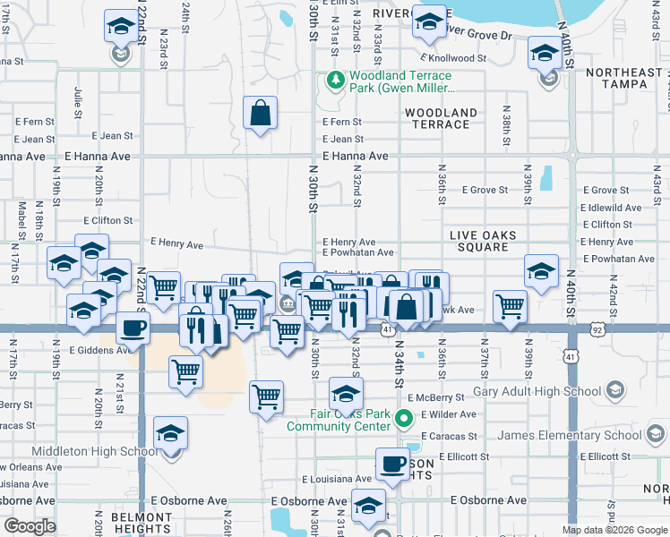 map of restaurants, bars, coffee shops, grocery stores, and more near 3021 East Powhatan Avenue in Tampa