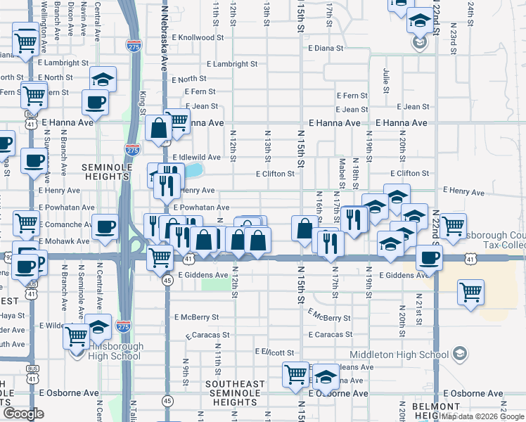 map of restaurants, bars, coffee shops, grocery stores, and more near 1222 East Powhatan Avenue in Tampa