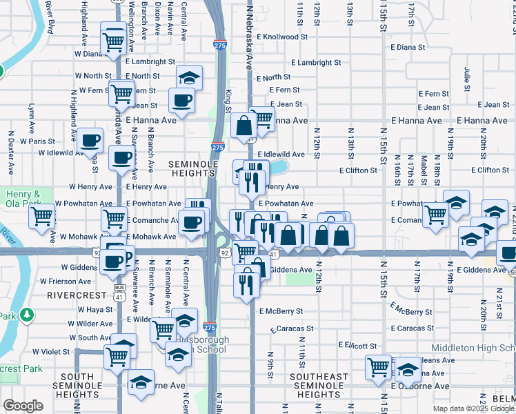 map of restaurants, bars, coffee shops, grocery stores, and more near 5704 North 9th Street in Tampa