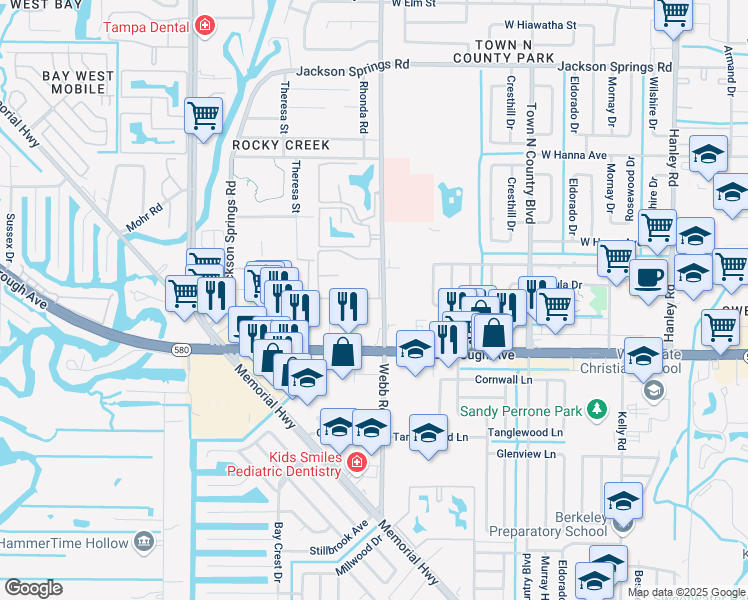 map of restaurants, bars, coffee shops, grocery stores, and more near 105 Wood Forest Drive in Town 'n' Country